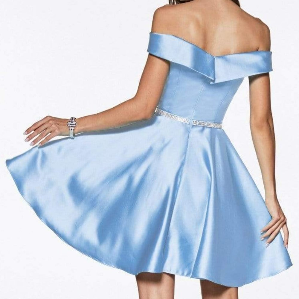 Short Off Shoulder Satin Dress by Cinderella Divine L - Picture 2 of 3
